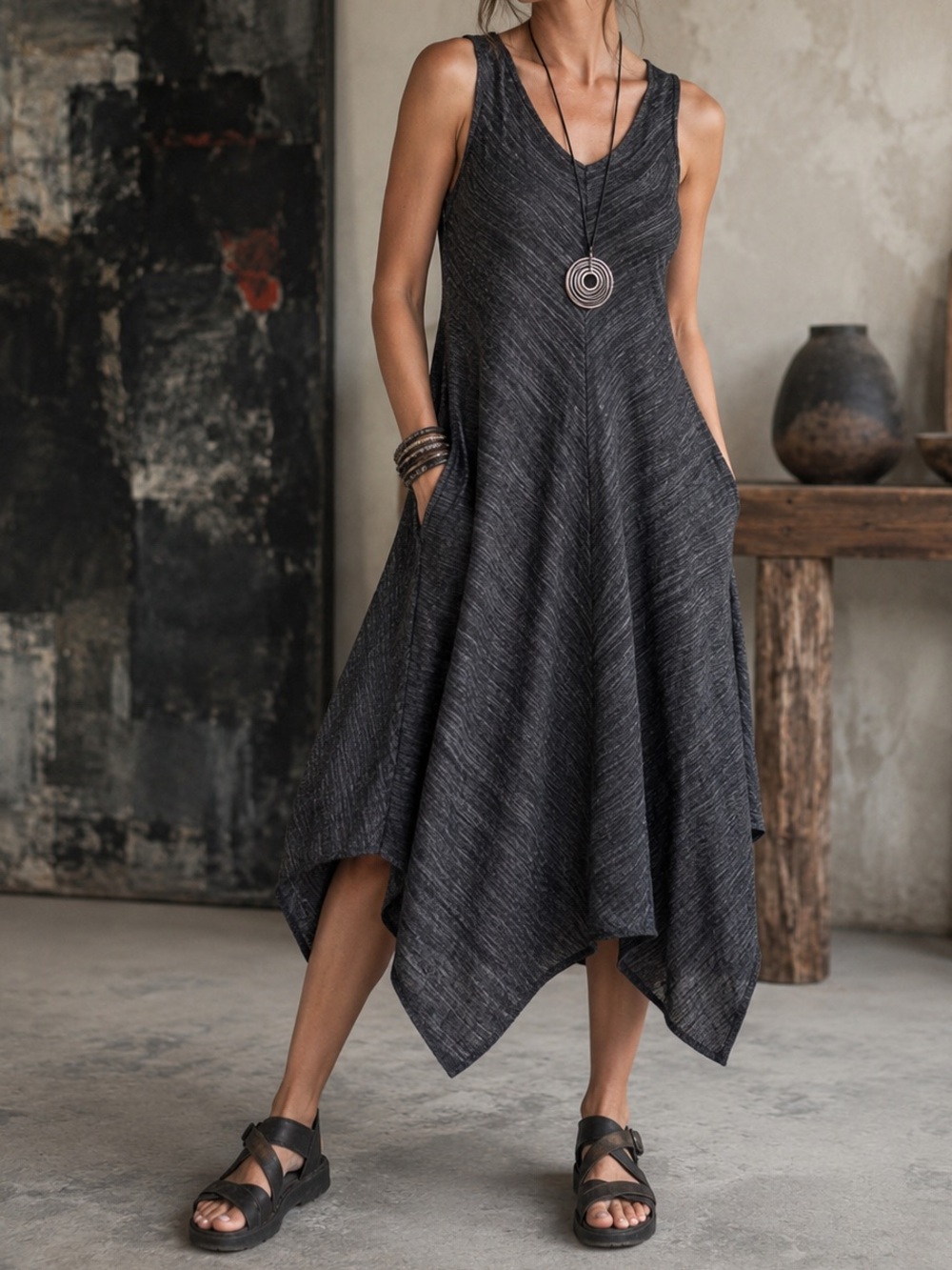 Fever Asymmetrical Handkerchief Hem Linen Blend Lagenlook Dress In Charcoal Gray